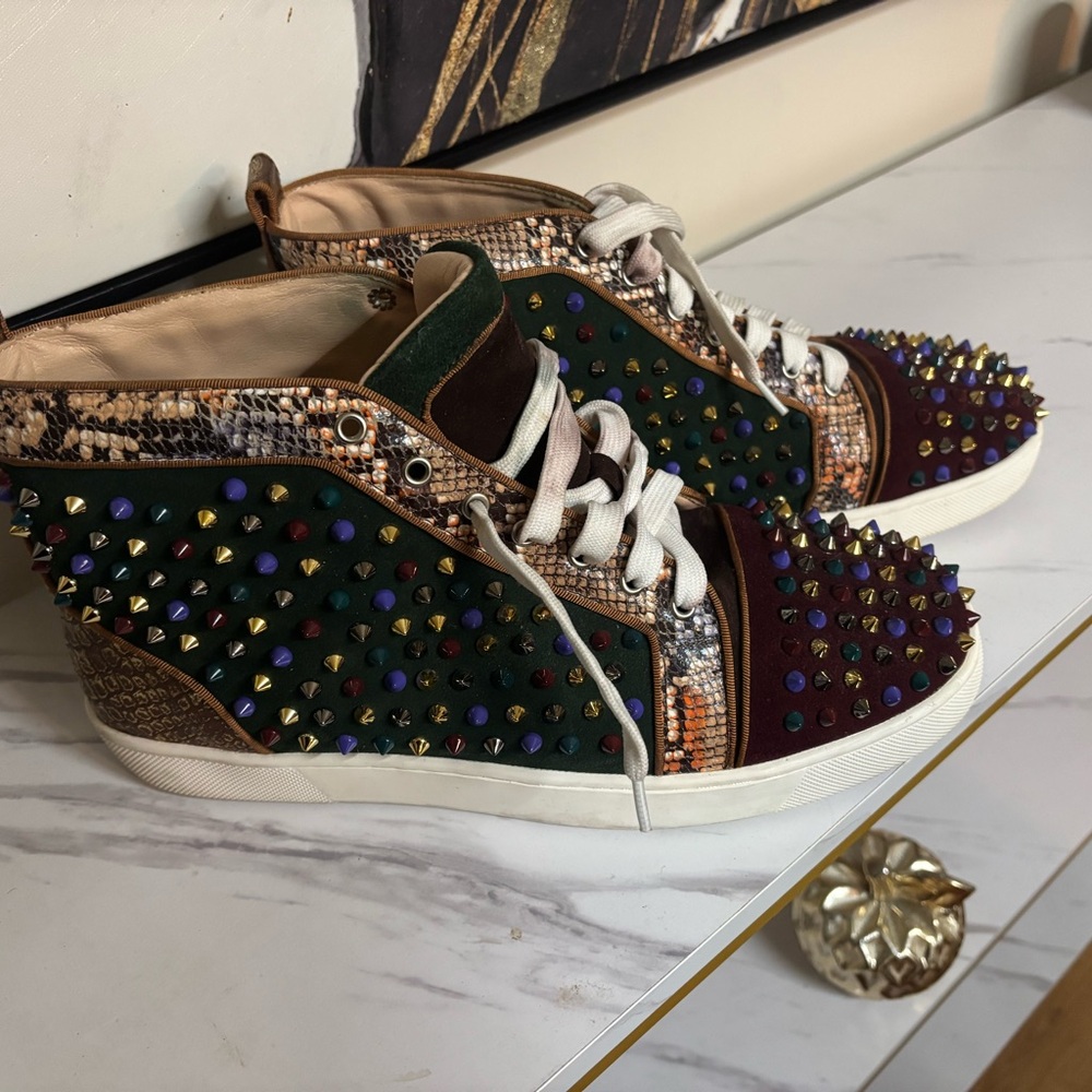 Christian Louboutin Green and Burgundy Studded High-Top Sneakers